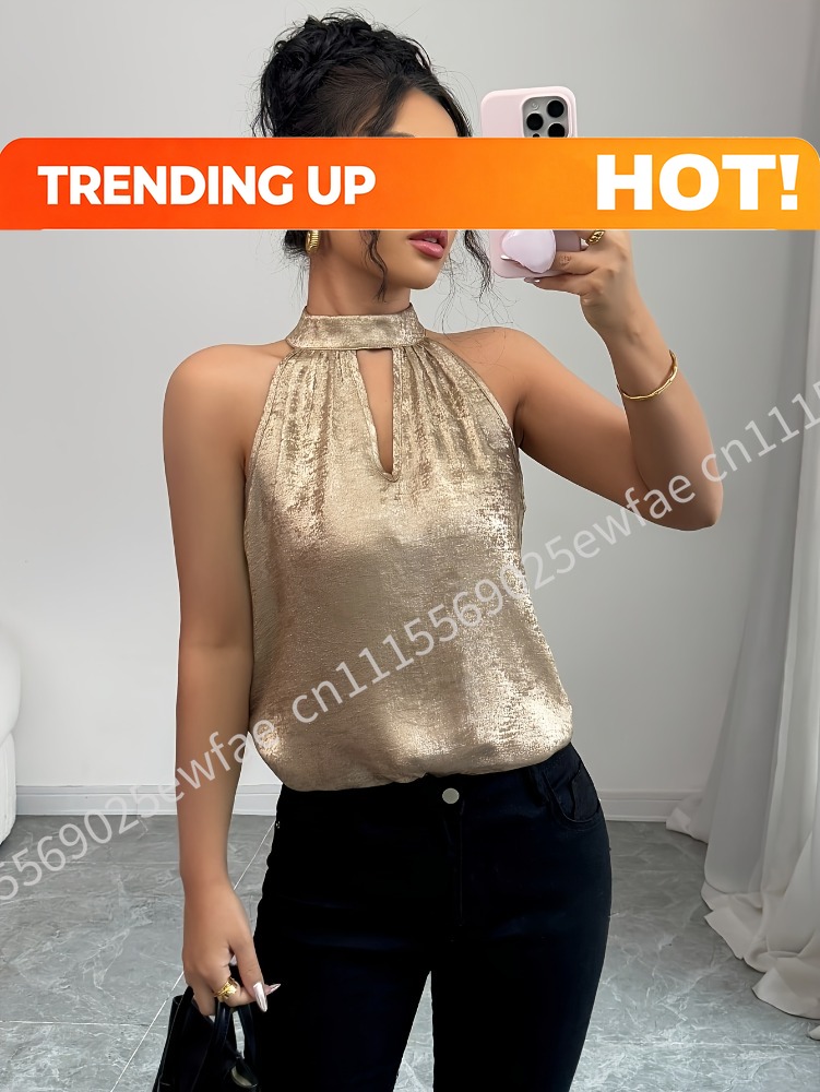 Halter Neck Top - Blus Tanpa Lengan Berongga dengan Kerah